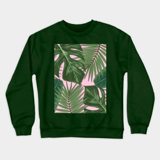 Monstera, Spider Palm, Tropical Leaves Print on Pink Crewneck Sweatshirt